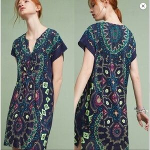 Anthropologie MAEVE Small Medallion Mini DRESS Short Sleeve Silk Medium M